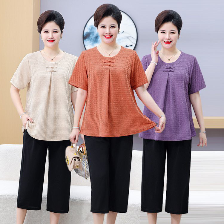 妈妈装夏季加大休闲圆领双扣短袖亮彩特大码中老年女中年薄款小衫