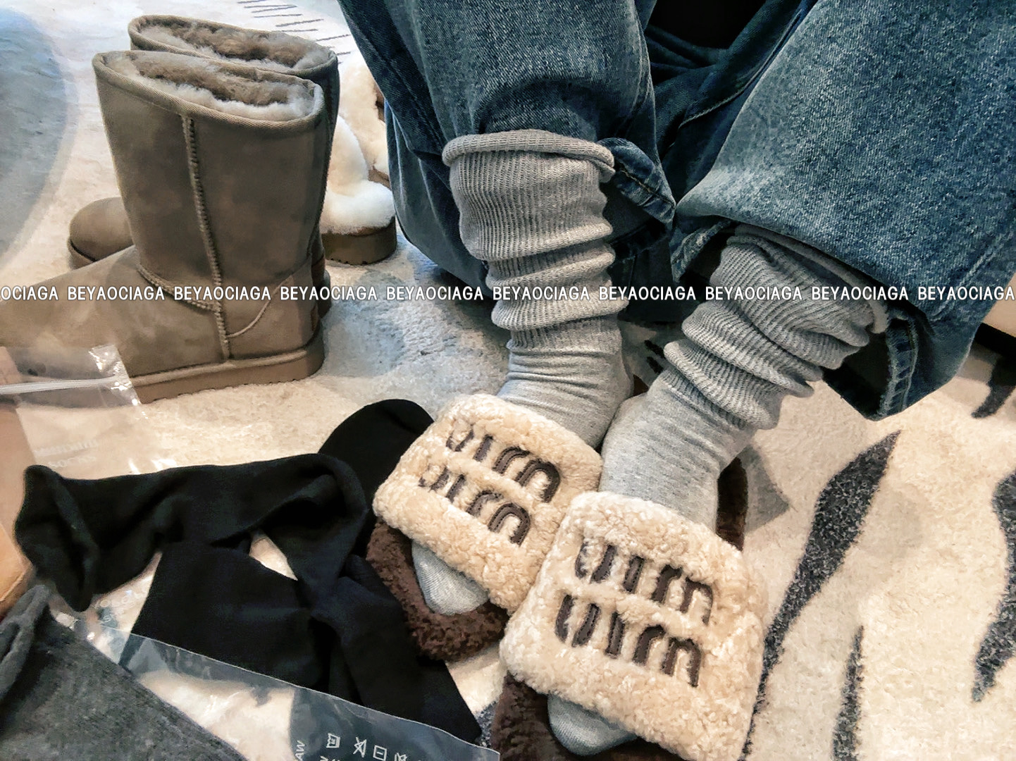 『北尧』四季坑条细针中筒袜休闲简约百搭纯色保暖针织堆堆袜