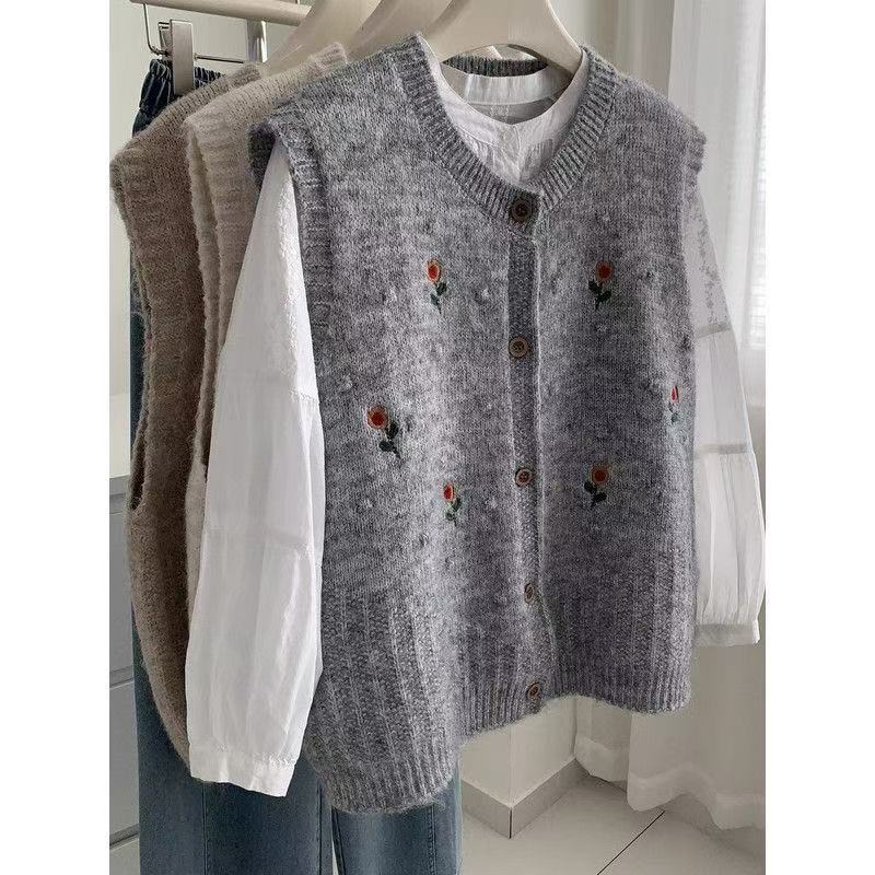 051新款装秋冬V领针织开衫背心时尚砍肩纯色针织马甲