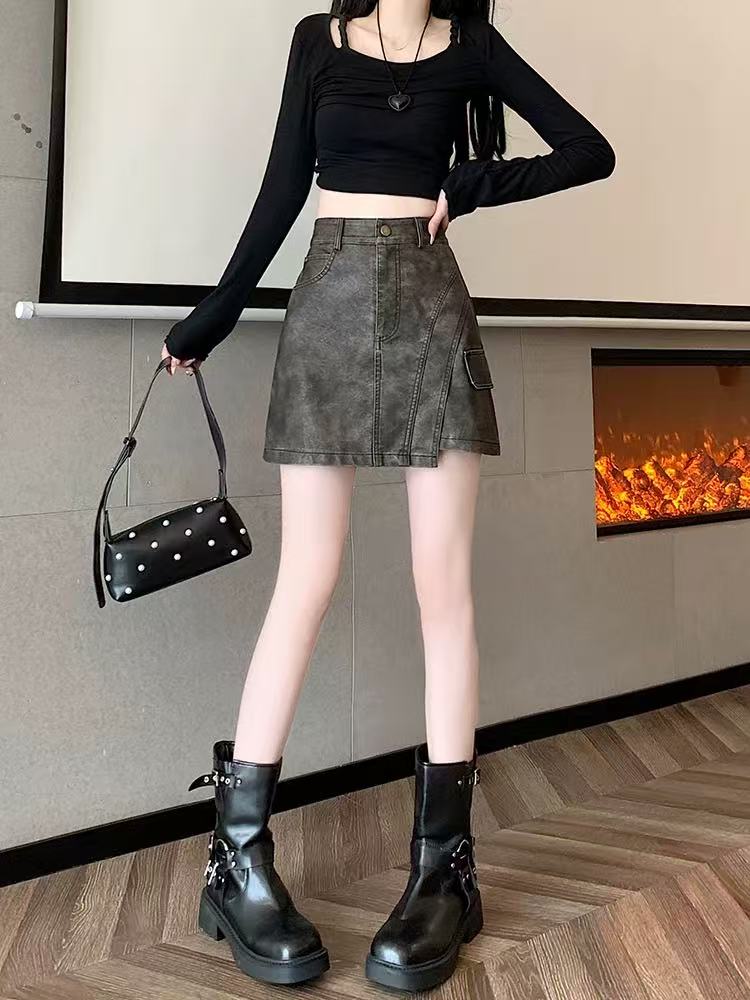 【晨晨家】辣妹复古扎染磨砂拼接工装皮短裙女秋防走光百搭半身裙