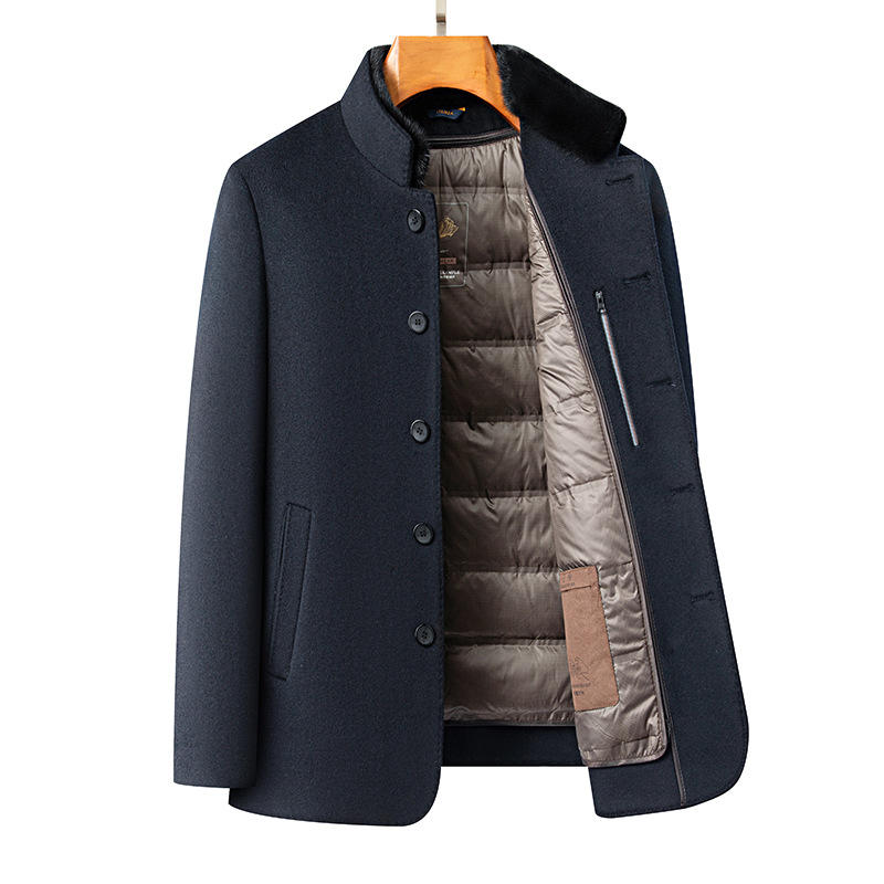 【昊绅】男式中长款可脱卸水貂毛领羽绒羊毛呢子商务大衣老年人