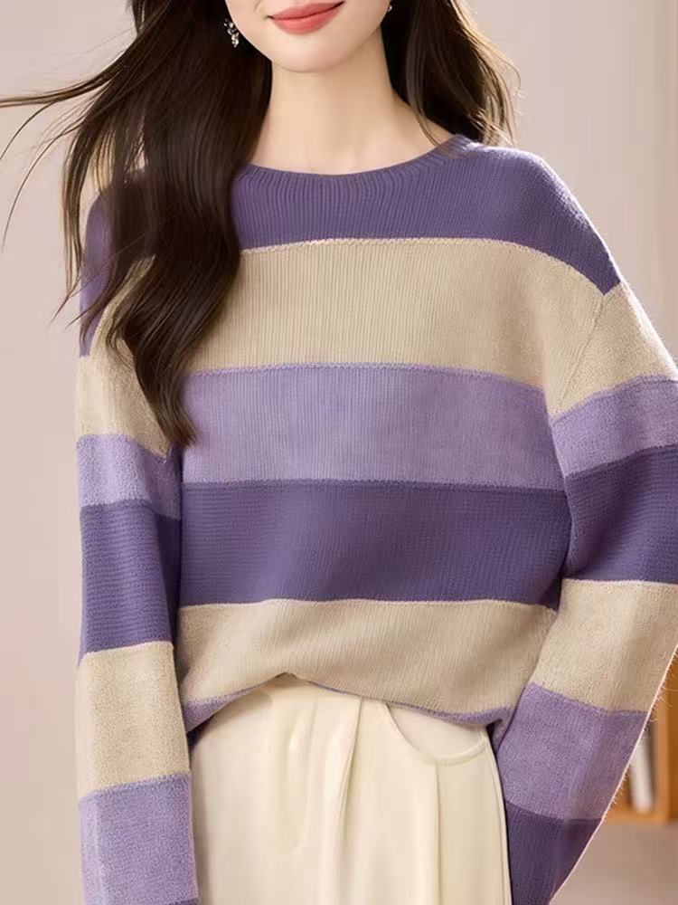 温柔紫撞色//秋冬简约软糯条纹撞色显白针织套头毛衣110631