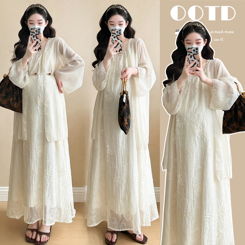 【苏安诺】孕妇装春夏款高级感贵气吊带连衣裙新中式度假风两件套