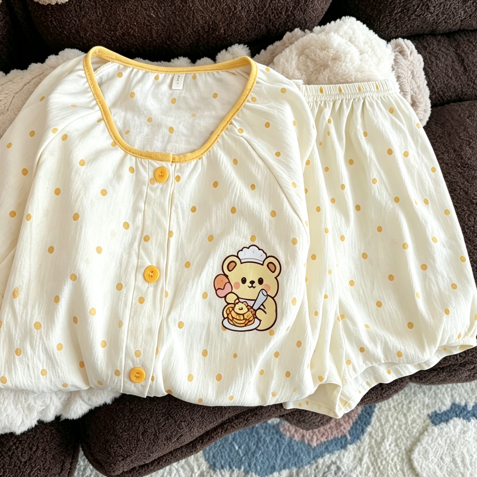 圆领黄油小熊波点可爱睡衣夏季短袖短裤家居服可外穿套装161