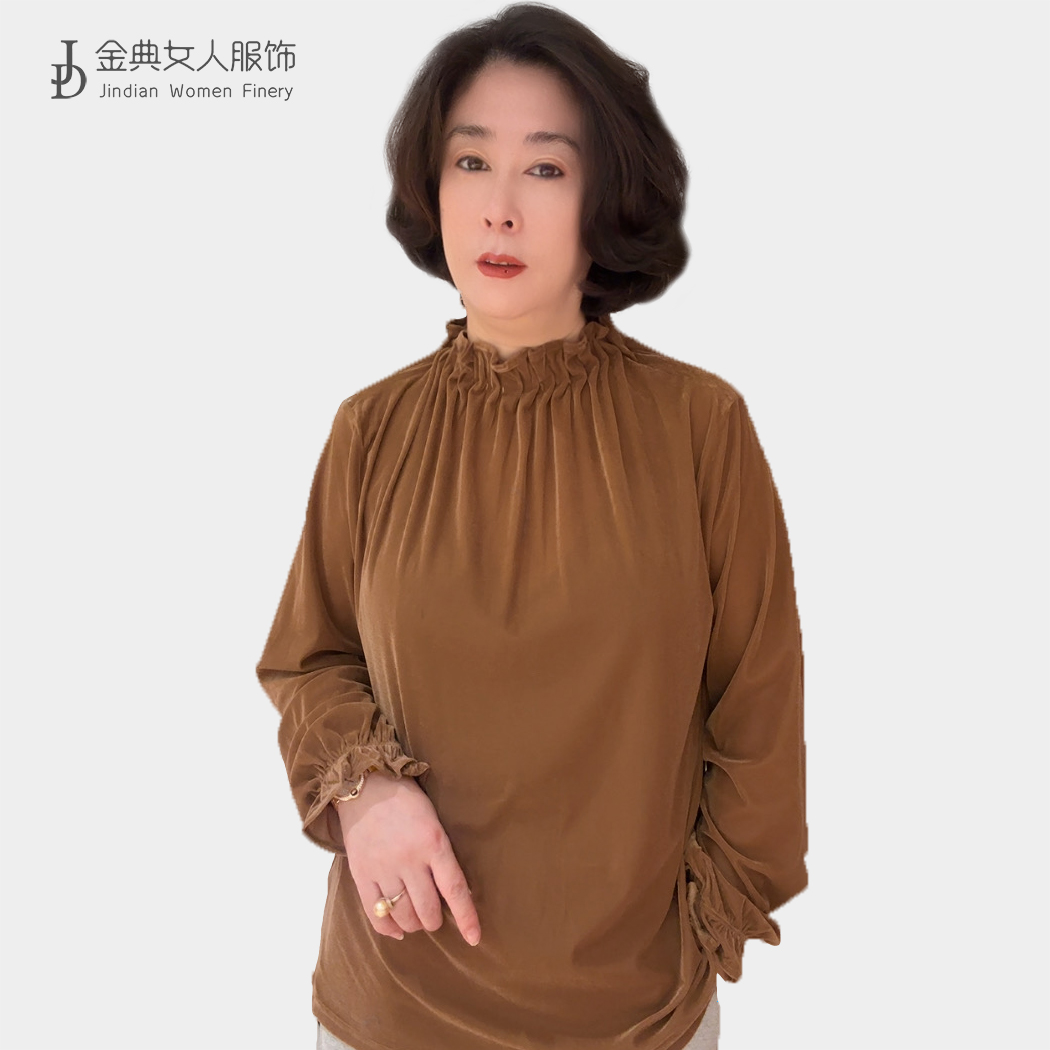 【金典原创女装】高级感纯色褶皱立领丝绒衬衫  套头时尚打底衫6395