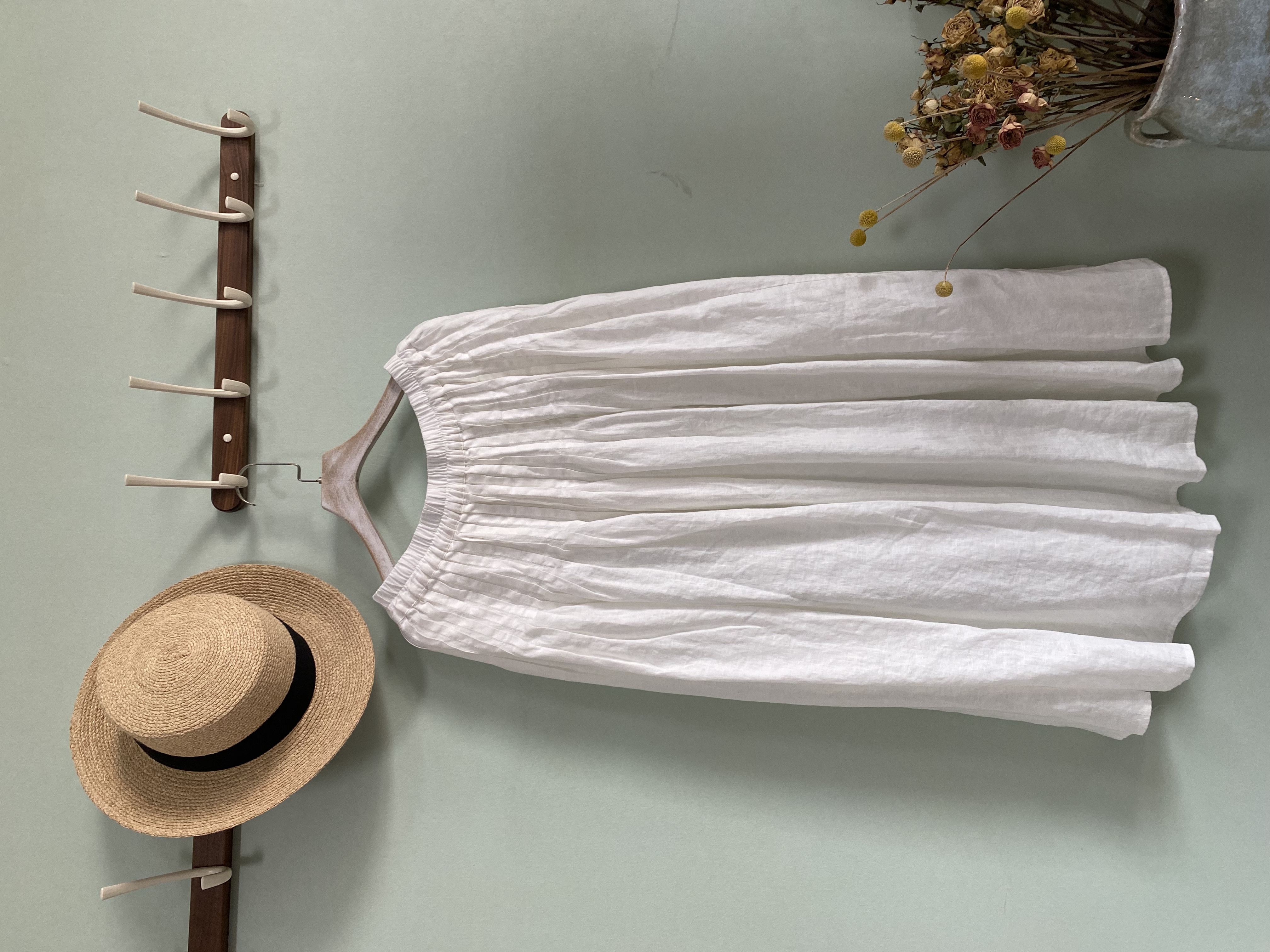 花意潮-25003亚麻半裙纯色A字裙休闲风半身裙古风H型百褶高腰