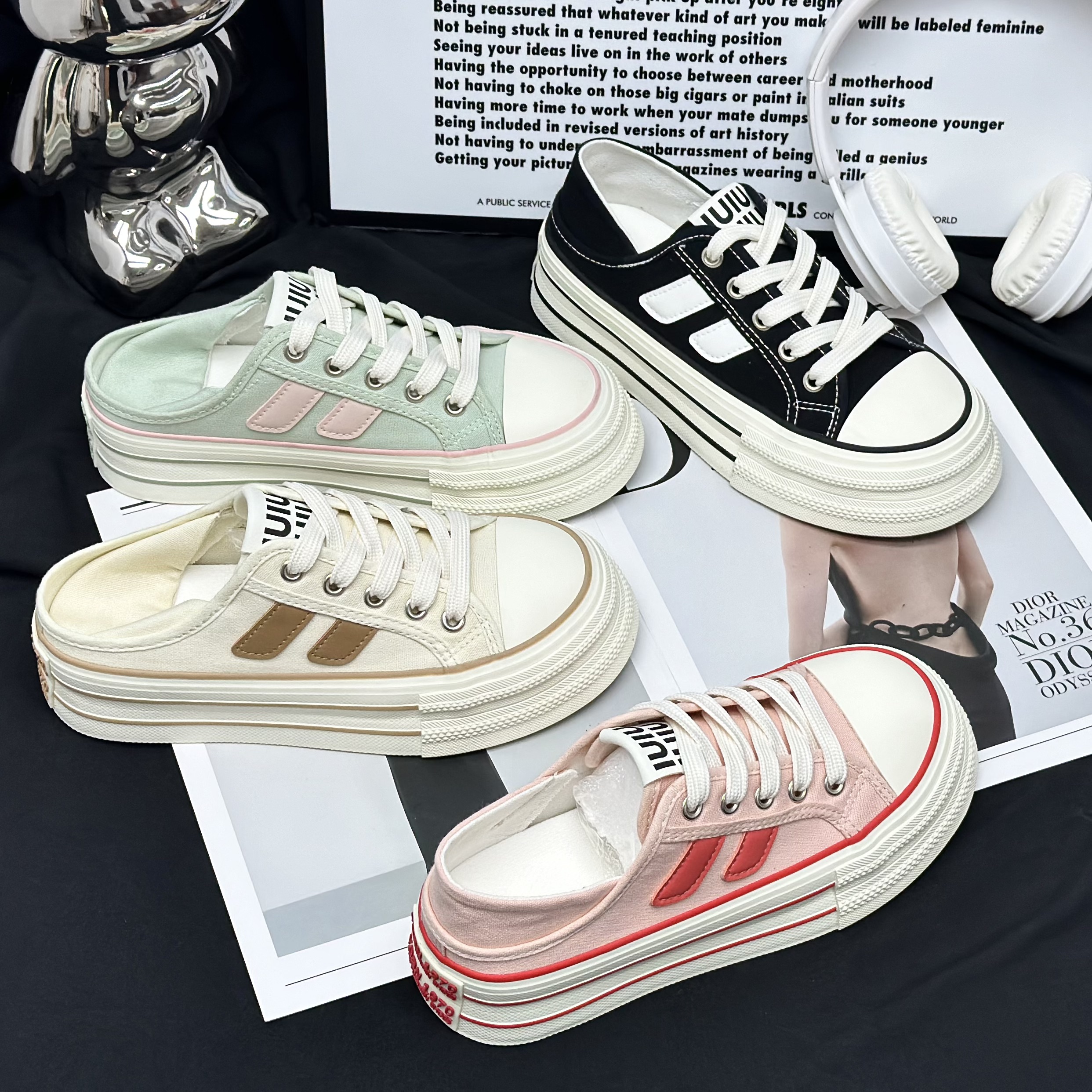 【Mei】半拖两穿2025夏季爆款帆布鞋韩版厚底透气百搭休闲小白鞋女