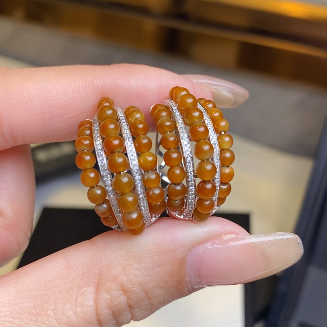 翡翠耳饰18K金镶嵌红翡小米珠