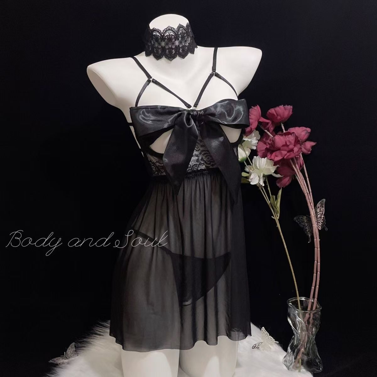 性感吊带裙露背钢托睡衣女蝴蝶结美背火辣系带睡裙