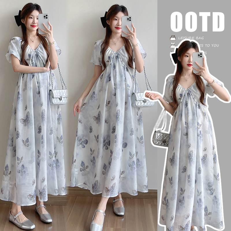 橙子家-夏季新款孕妇装浪漫休闲V领系带收腰长裙宽松孕妇连衣裙