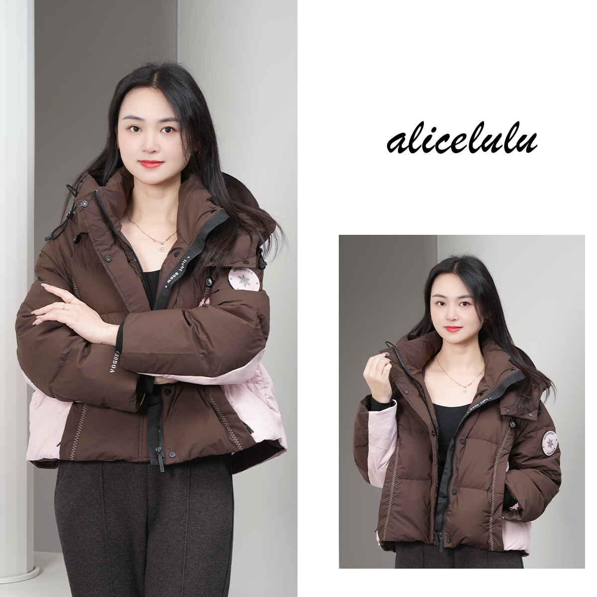 alicelulu‘提拉米苏’时尚撞色宽松连帽鸭绒羽绒服S1035852Vr