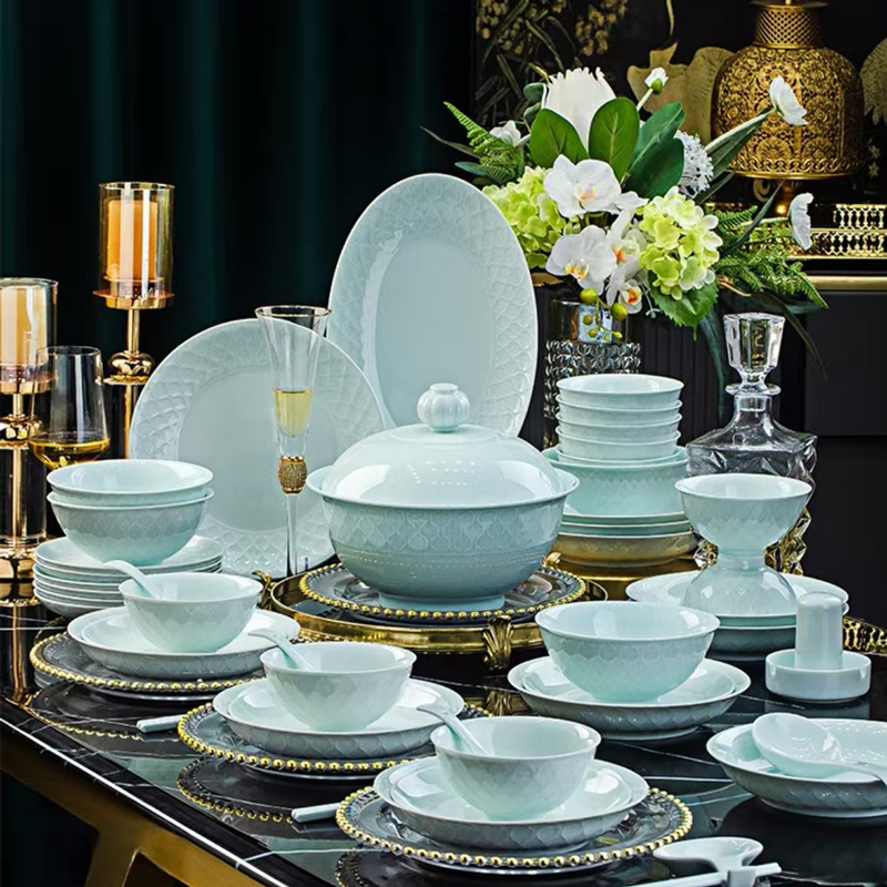 景德镇影青万家灯火玉泥80头高档餐具套装高白泥高温碗碟家用送礼