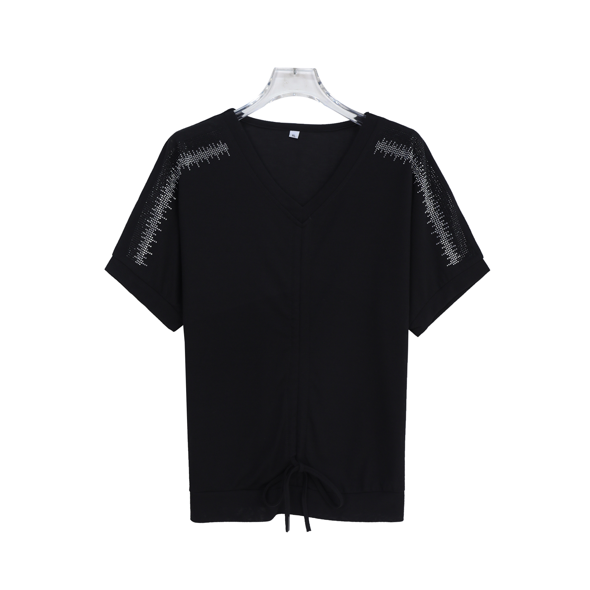 时尚洋气褶皱抽绳宽松显瘦V领T恤S1221