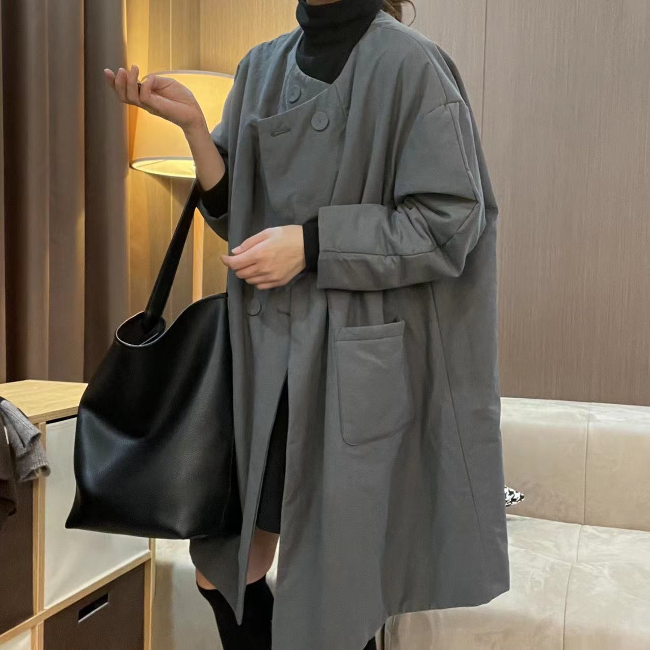 7079新款简约A版中长款韩版八分袖休闲棉服外出新款外套