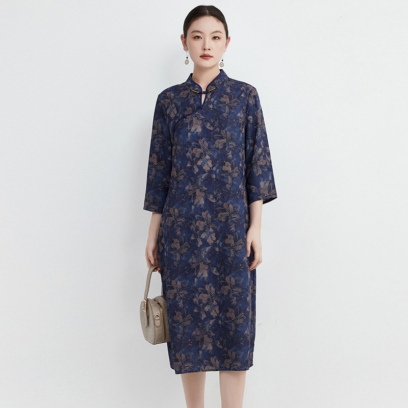52KB0A0006七分袖印花中长裙复古怀旧连衣裙女2025夏