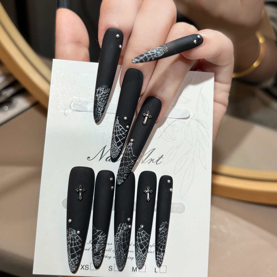 （黑蕾丝）超长尖磨砂暗黑甜酷哥特小众可拆卸穿戴甲贴片高级纯手工