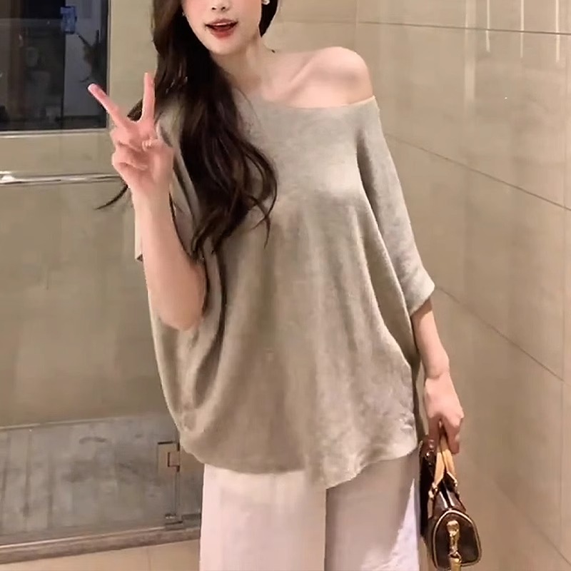 【现货现发】2025春夏新款内外搭薄款针织上衣打底衫宽松蝙蝠袖短袖