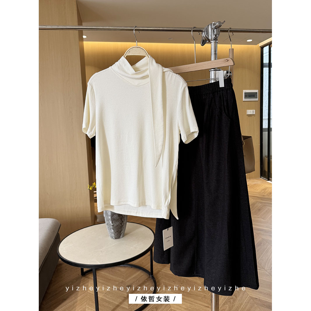 "飘带T恤"女短袖气质早秋设计款小众设计感