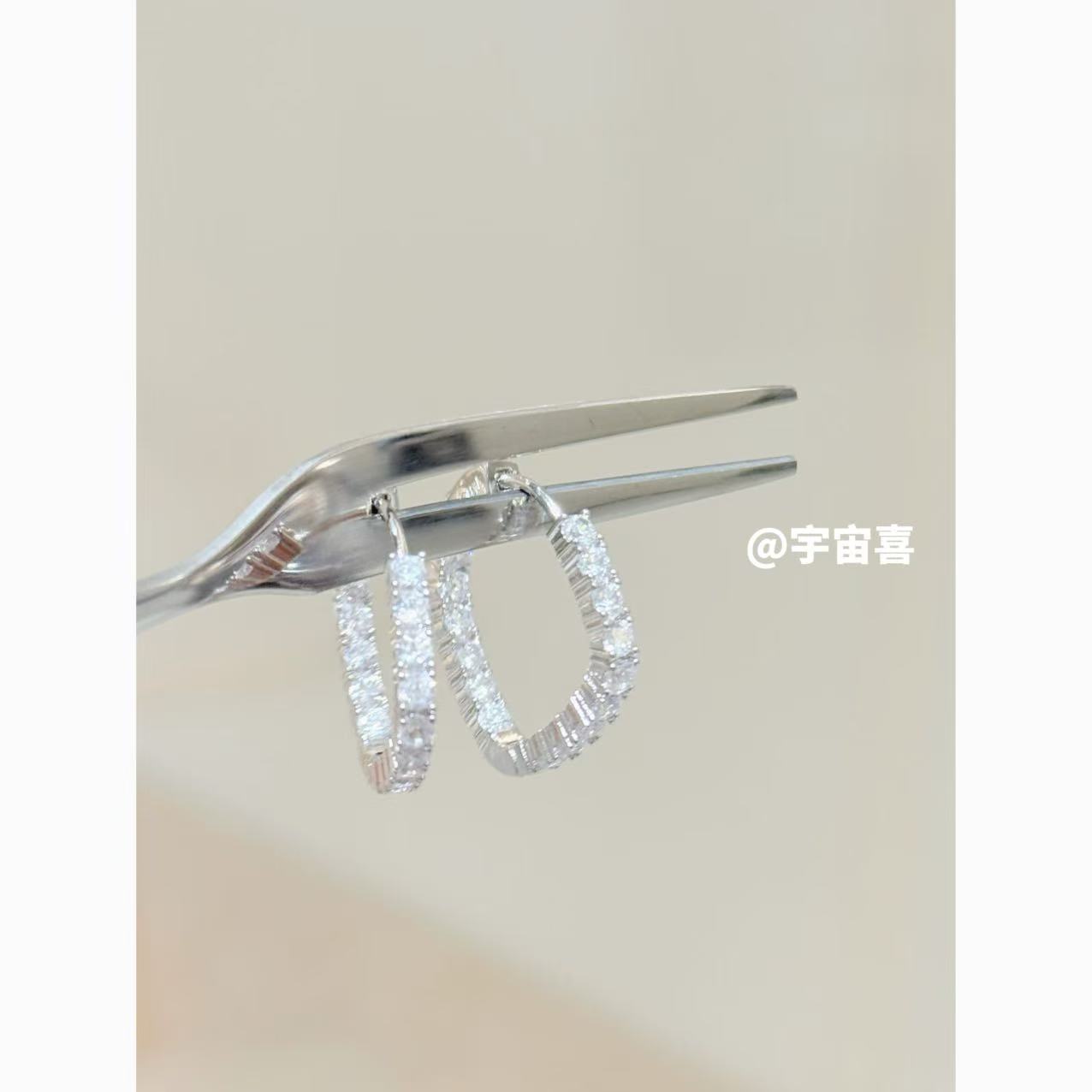 铜合金耳饰 B4-101菱形按压卡扣白锆耳扣耳圈（银色）