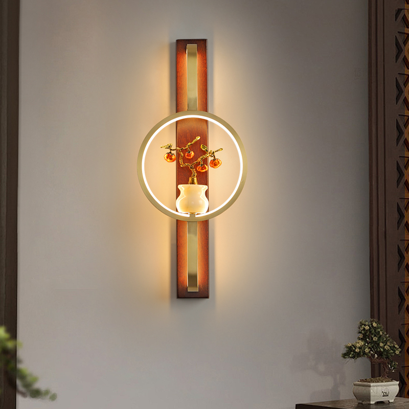 新中式中国风禅意全铜实木玉石壁灯客厅背景墙灯卧室床头灯