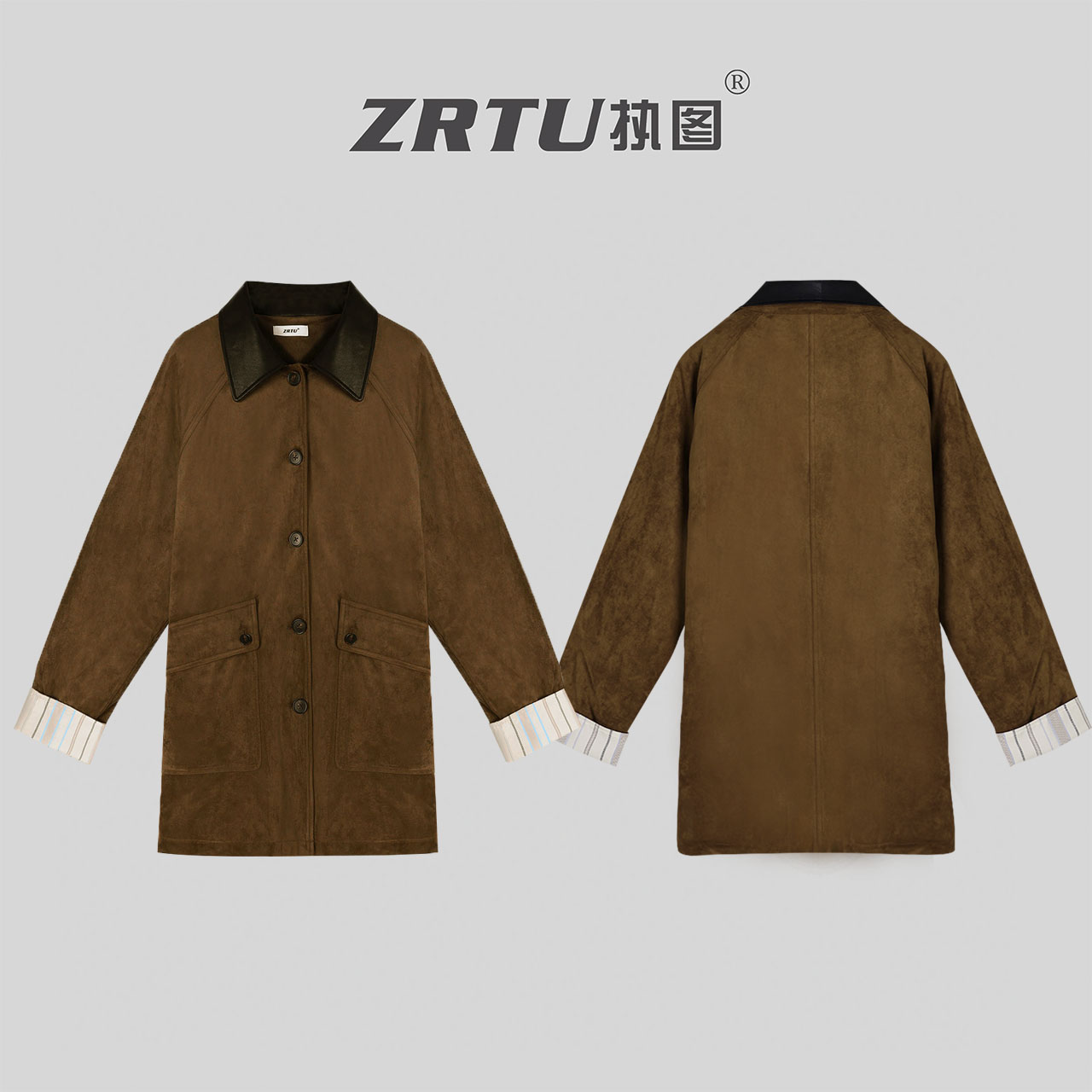 ZRTU执图工装复古皮领中长款女装秋冬撞色时尚夹棉外套