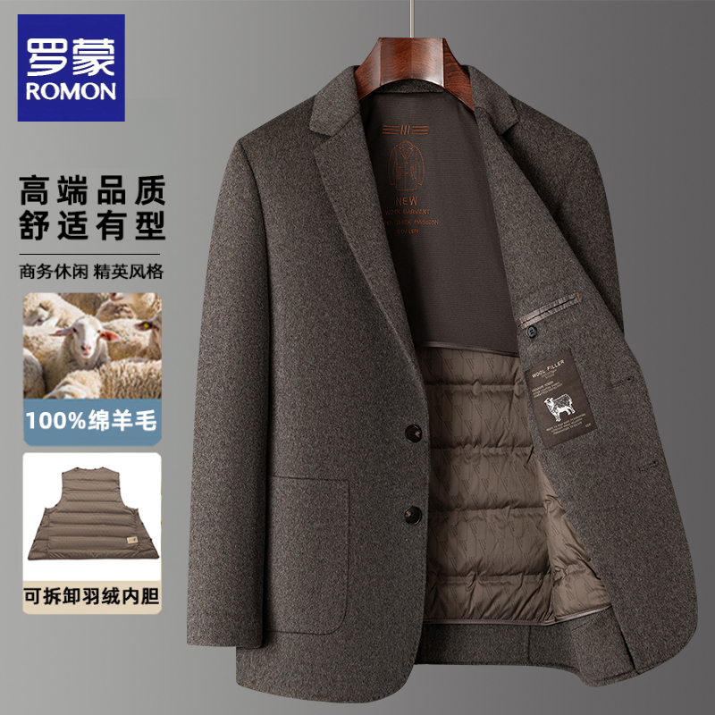 【100%绵羊毛】罗蒙男士轻奢短款毛呢西服大衣秋冬新款鸭绒内胆外套