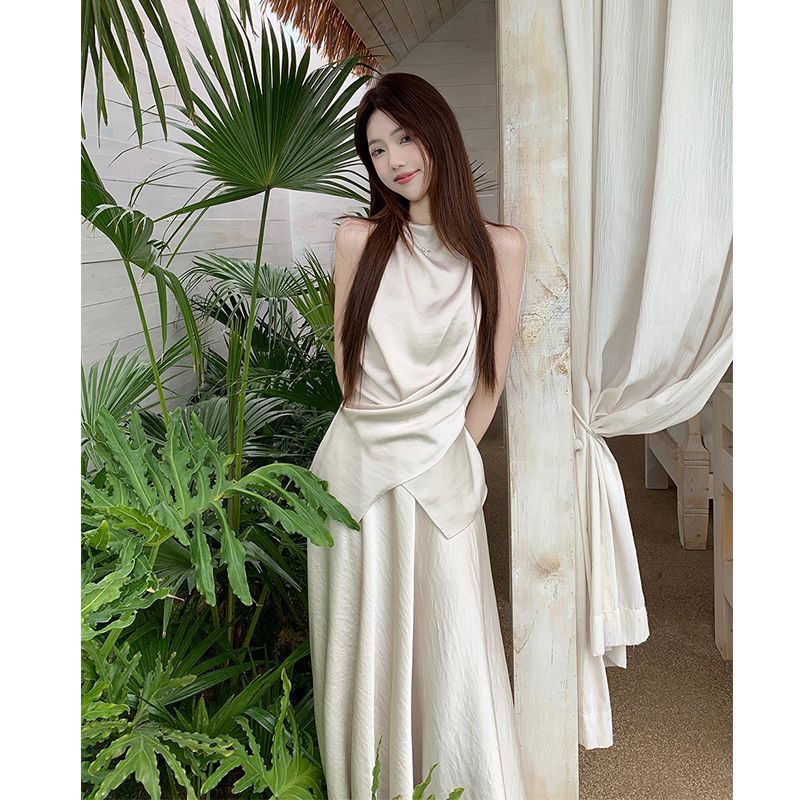 小众不规则系带设计感缎面背心半身裙夏季新款时尚两件套女潮通勤