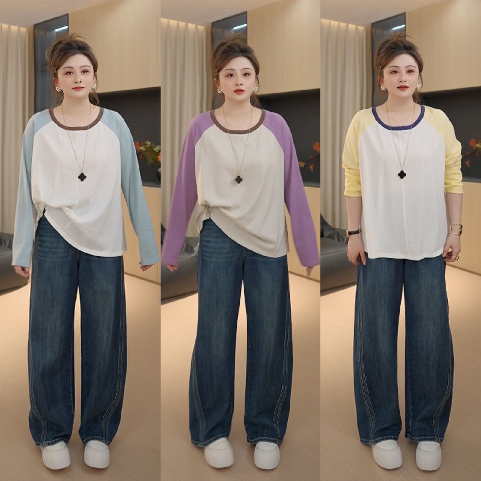 【胖佳佳】现货~色彩玩家 长袖撞色T恤秋季休闲圆领上衣H625Y09543