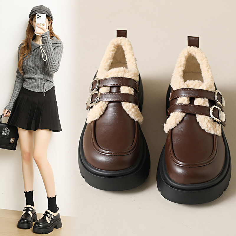 厚底加绒小皮鞋2025新款百搭保暖新品乐福鞋日系复古黑色棉鞋