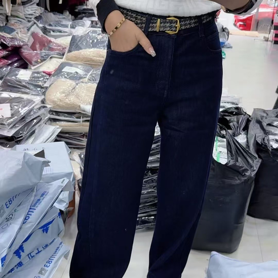 553复古深蓝色牛仔裤女高腰显瘦直筒阔腿