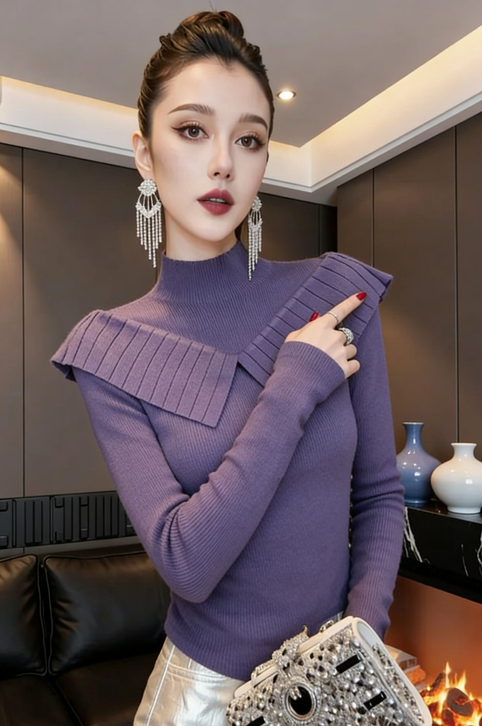 立领毛衣女长袖气质显瘦长袖打底针织衫秋冬季百搭半高领披肩上衣