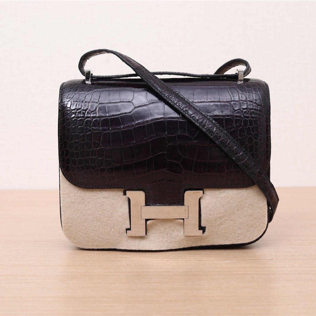 95新 Hermes/爱马仕 全79300 定金双双 康康 19 茄子紫 鳄鱼 T刻