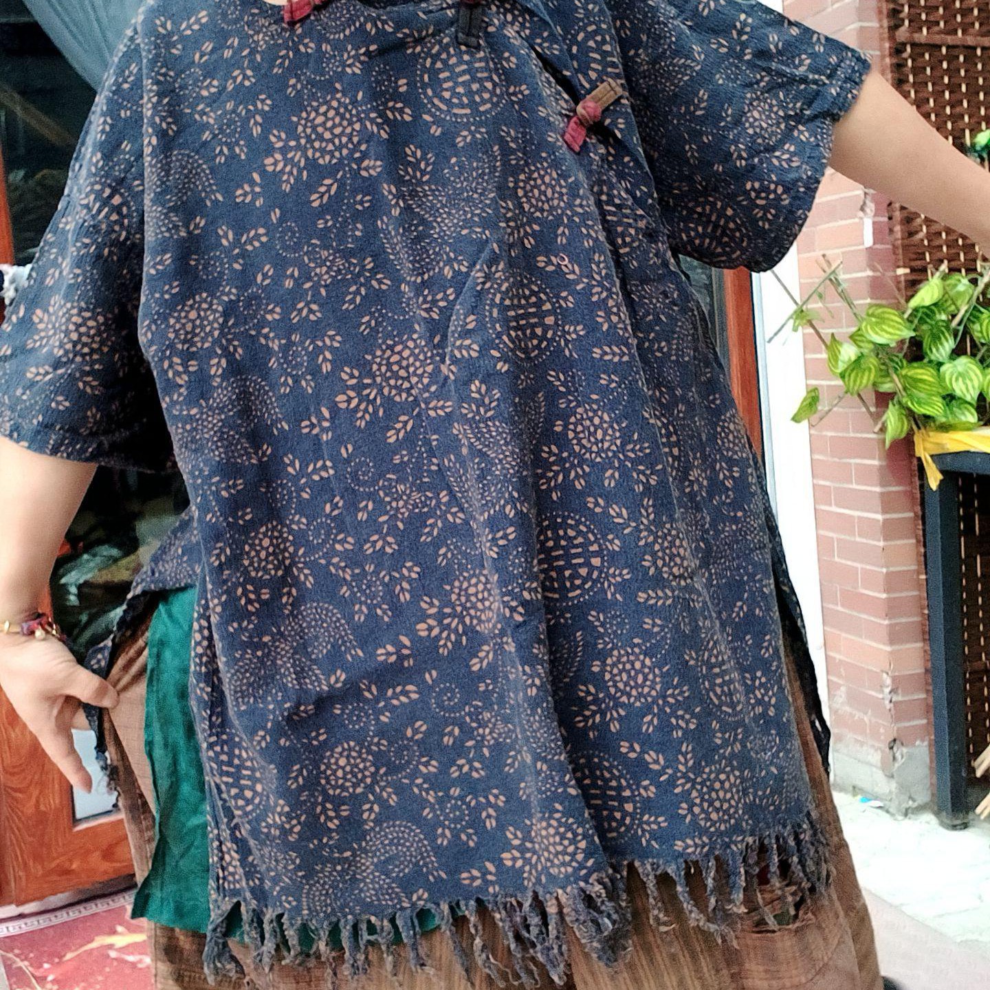 无吊牌砂洗做旧兰花盘扣流苏宽松衫