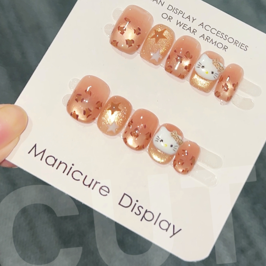 【豹纹Kitty】秋冬温柔风立体KT猫爆闪猫眼短款可爱纯手工穿戴甲