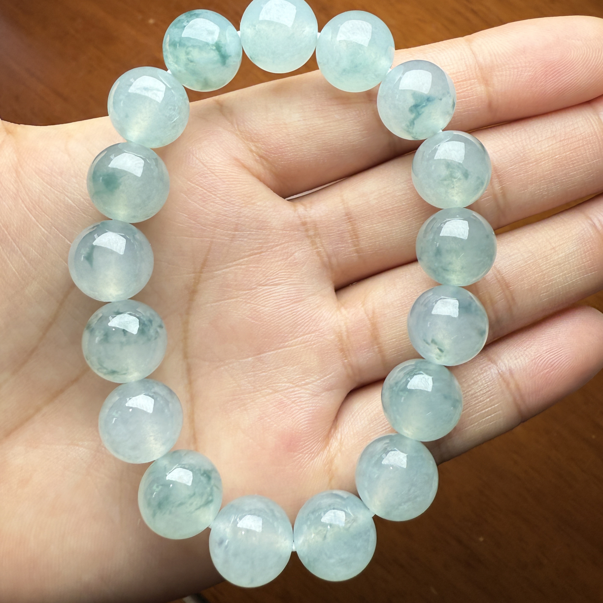 缅甸翡翠A货 糯冰种飘花男女同款手链12.3mm/17颗