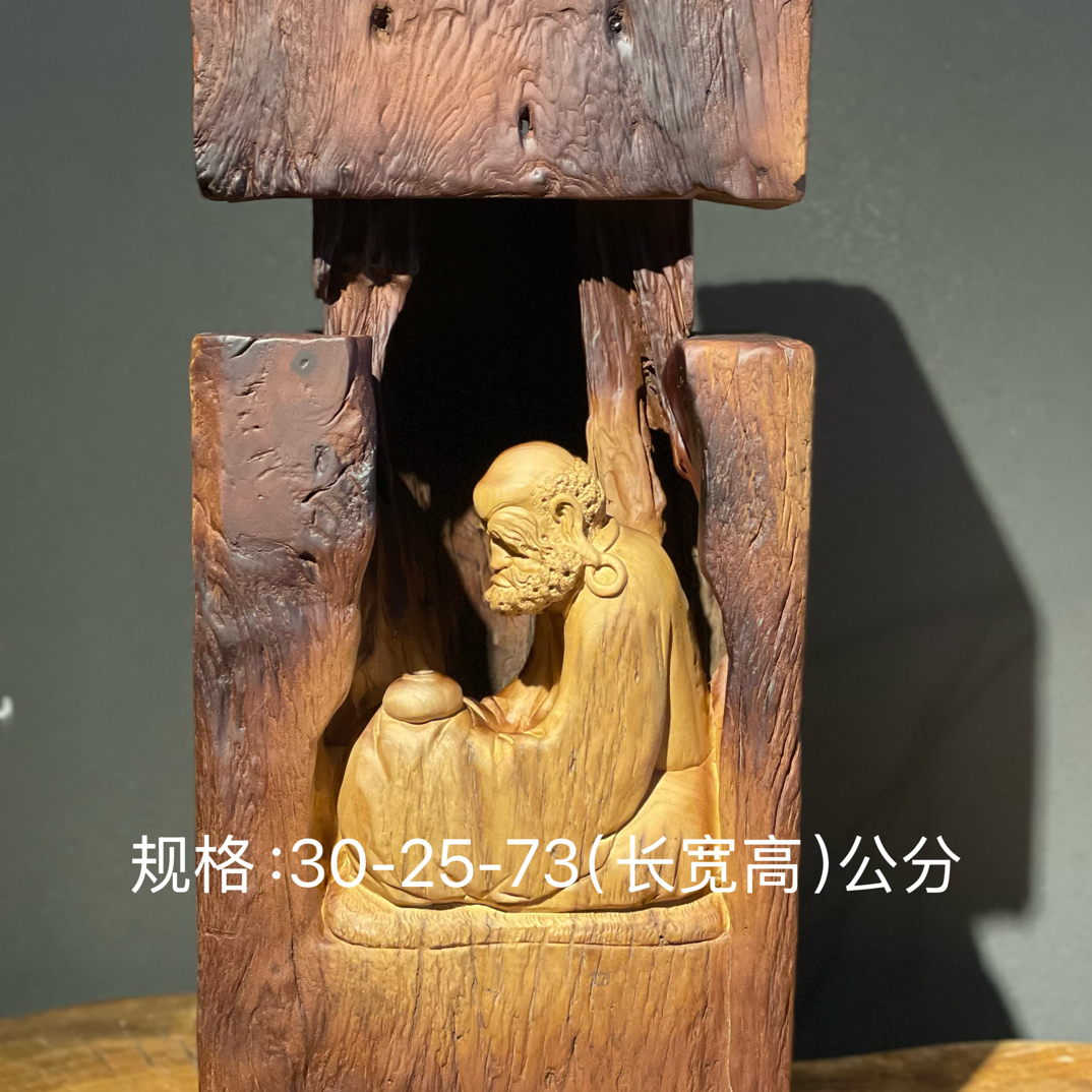 风化樟木达摩悟禅，手工木雕工艺品禅意摆件