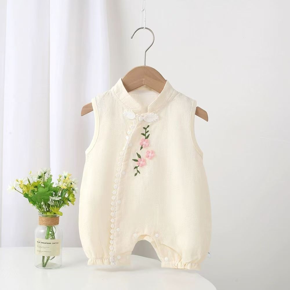 无袖女哈衣可爱纯棉婴幼儿爬服中国风背心复古薄款幼儿夏季空调服