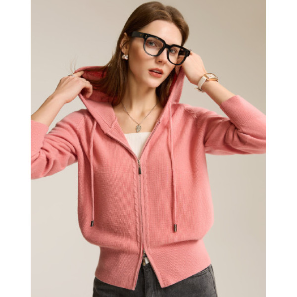 女式纯色拉链帽子100%绵羊毛开衫2451