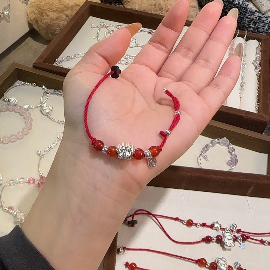 银S925镶嵌烟晶手链猫爪玛瑙红绳