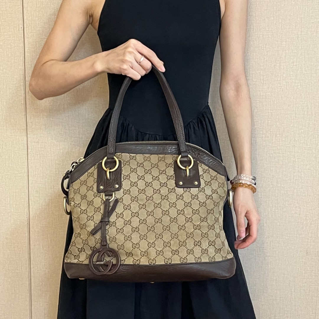 95新 GUCCI/古驰 满印帆布配皮托特包/云海优选/H06975