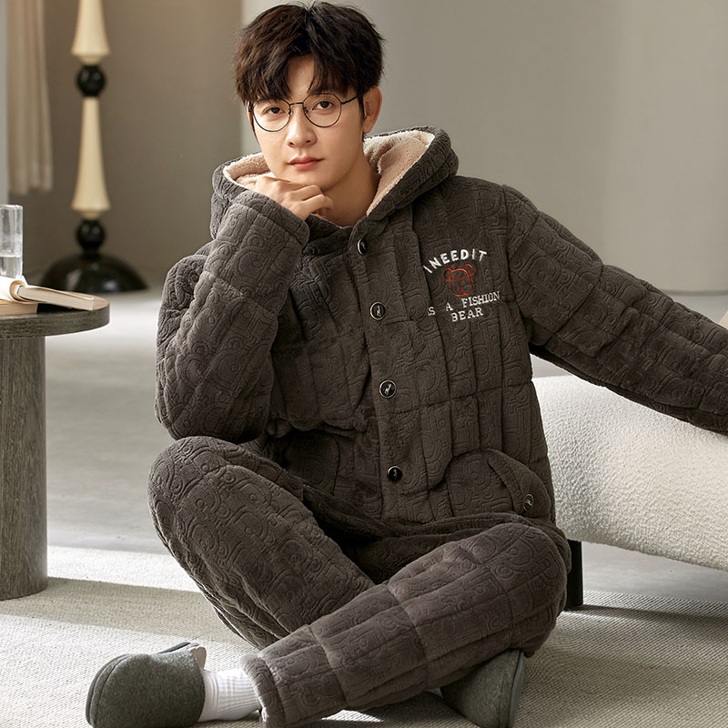 冬天三层夹棉睡衣男可外穿加厚连帽纽扣冬季保暖男士家居服套装