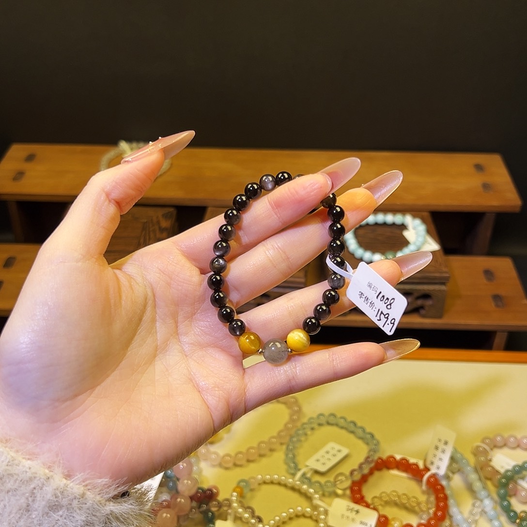 水晶手链银S925镶嵌银曜石1008