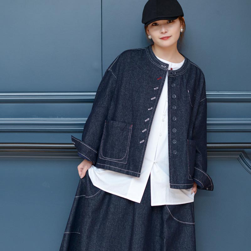 小九鹿原创春秋新品宽松文艺百搭色织重磅砂洗棉圆领长袖牛仔外套