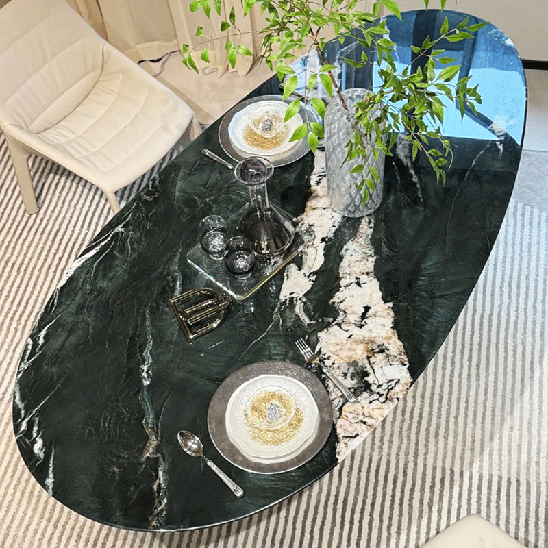 【云母绿蛋形】进口奢石餐桌假一赔十不规则餐桌书桌墨绿色设计师桌