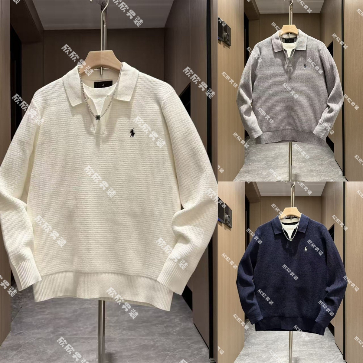 潮牌老钱风干净帅气针织翻领假两件提花刺绣品质男士上衣