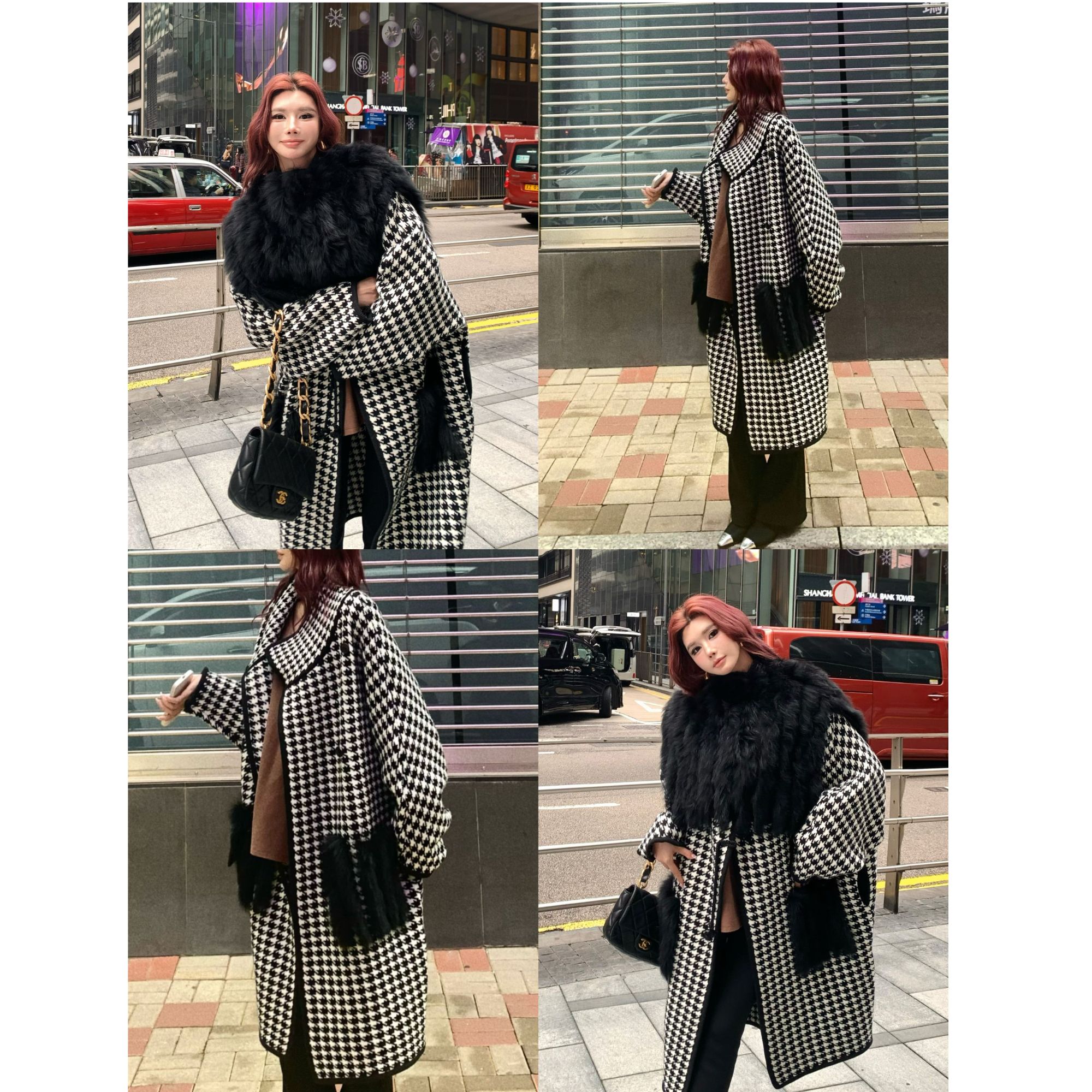 婉君Y【奢华千鸟格】“狐狸毛”气质奢感千鸟格大衣外套LWJ25D4C4510