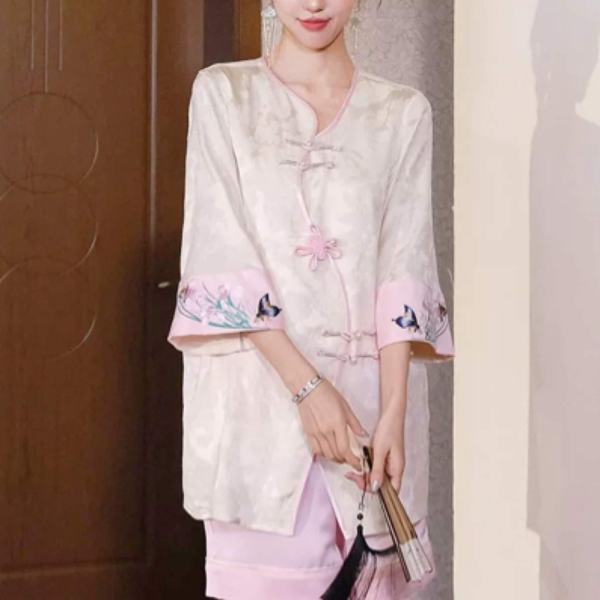 原创新中式刺绣带胸垫睡衣短袖套装仿真丝冰丝缎面两件套家居服夏