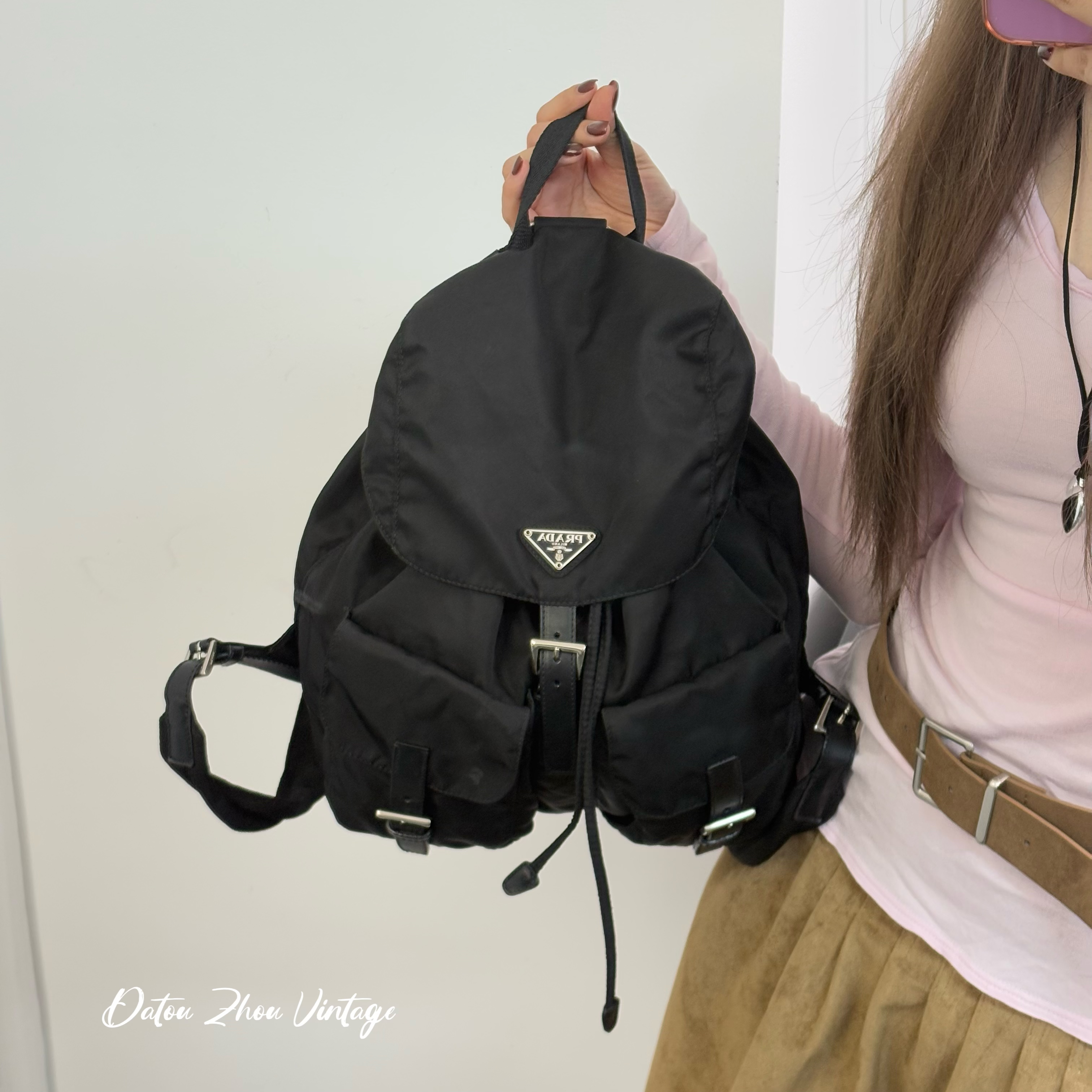 95新 Prada/普拉达 黑银手提双肩包jx 