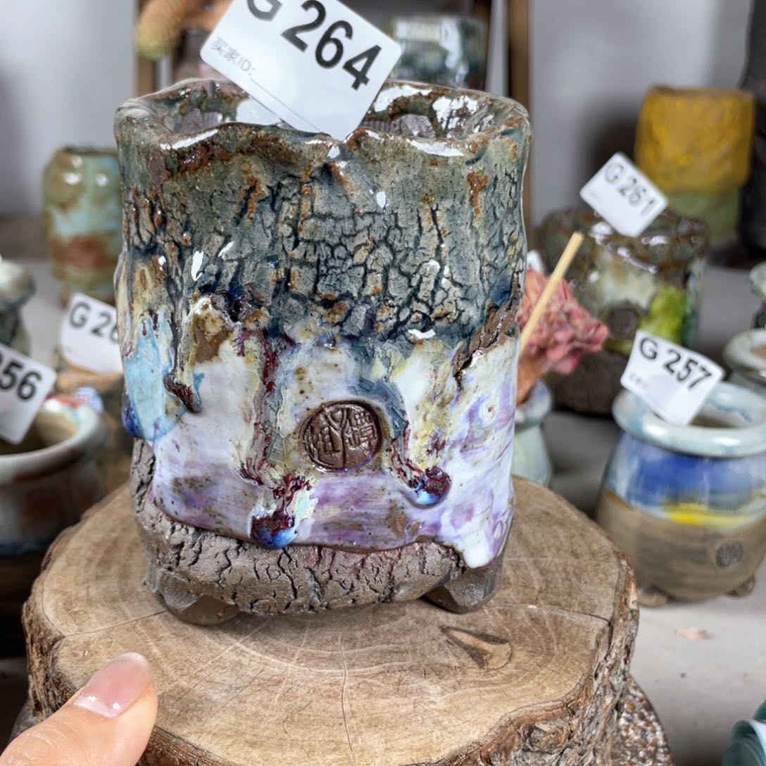 紫砂花盆孤品不规则油画山石老桩 内口7.5