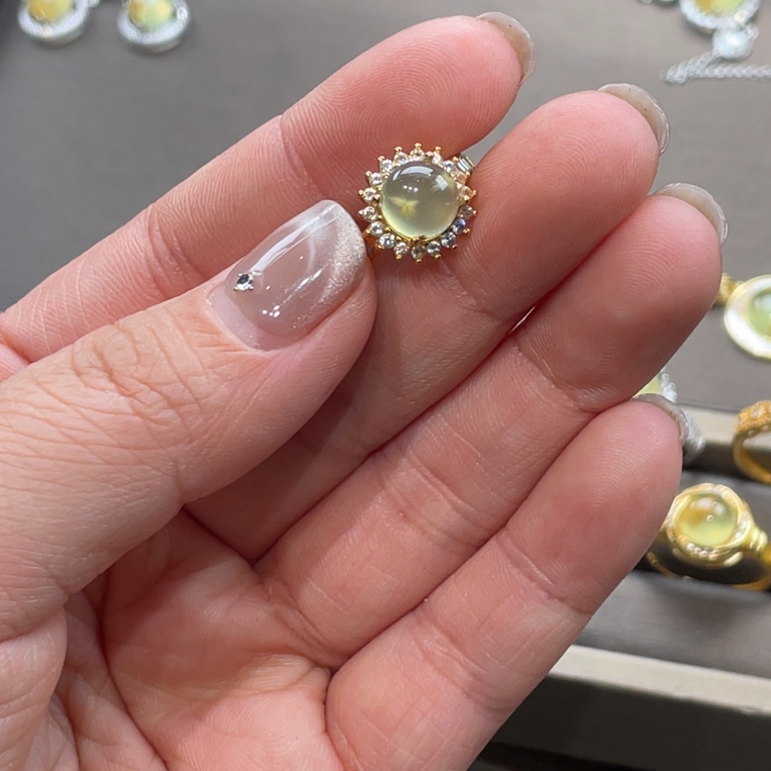 蛇纹石玉戒指银S925镀金镶嵌